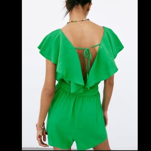 ZARA Green Linen / Viscose Ruffle Elastic High Waist Playsuit / Romper Size M - Picture 2 of 10